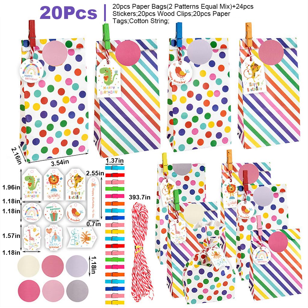 20Pcs Paper Gift Bags Candy Gift Bags Color Dots Strips Gift Bags with Stickers, Colorful Wooden Clips, Cute Tags, 10m Cotton Cord, Colorful Paper Gift Bag for Party Favor, Wedding Favor