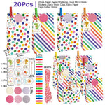 20Pcs Paper Gift Bags Candy Gift Bags Color Dots Strips Gift Bags with Stickers, Colorful Wooden Clips, Cute Tags, 10m Cotton Cord, Colorful Paper Gift Bag for Party Favor, Wedding Favor