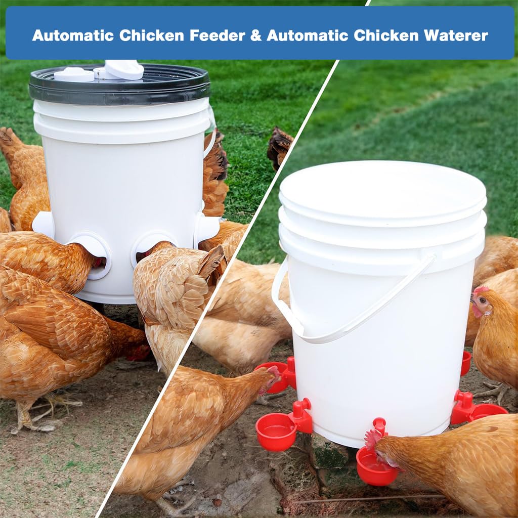 HASTHIP Chicken Feeder Kit for Poultry with 4 Ports and Automatic Waterer Cups | Food Grade DIY System