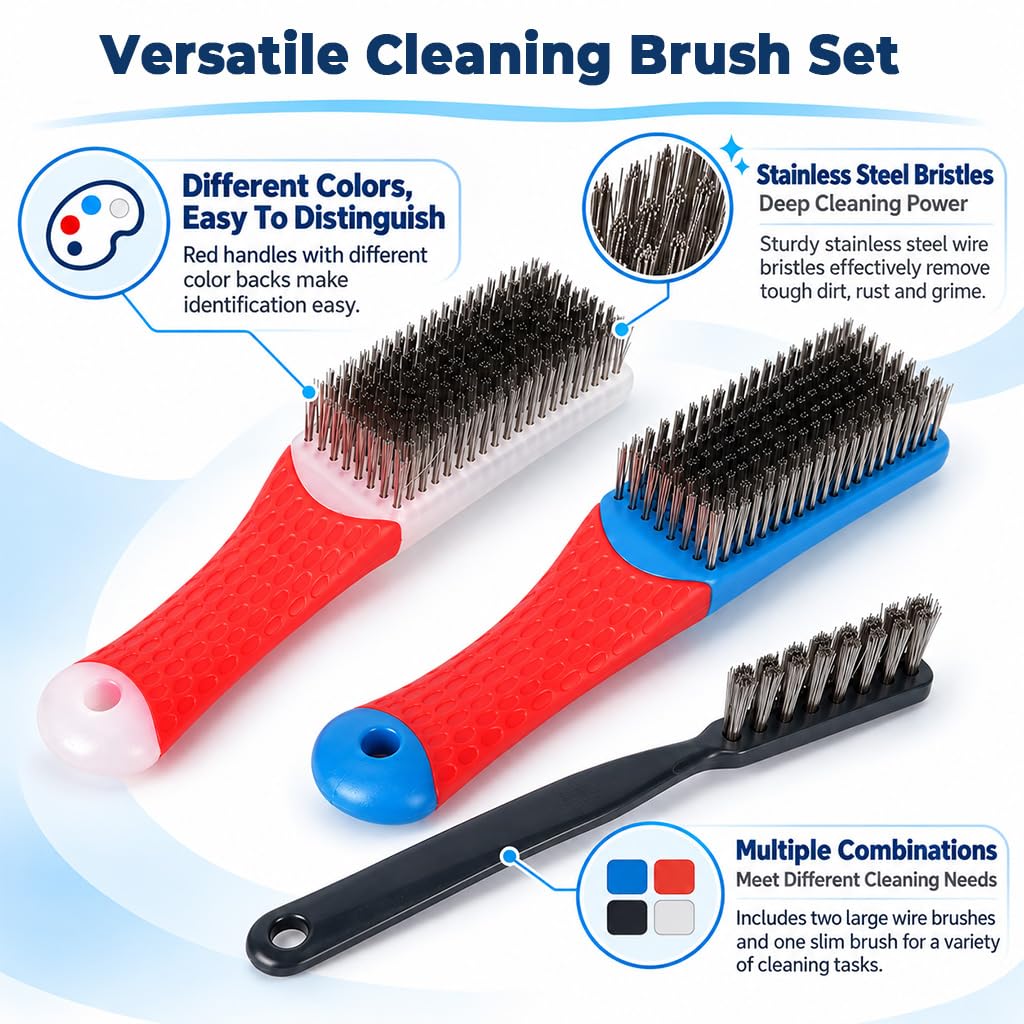HASTHIP 3-Piece Stainless Steel Wire Brush Set with Two 8-Row Brushes and Slim Gap Brush