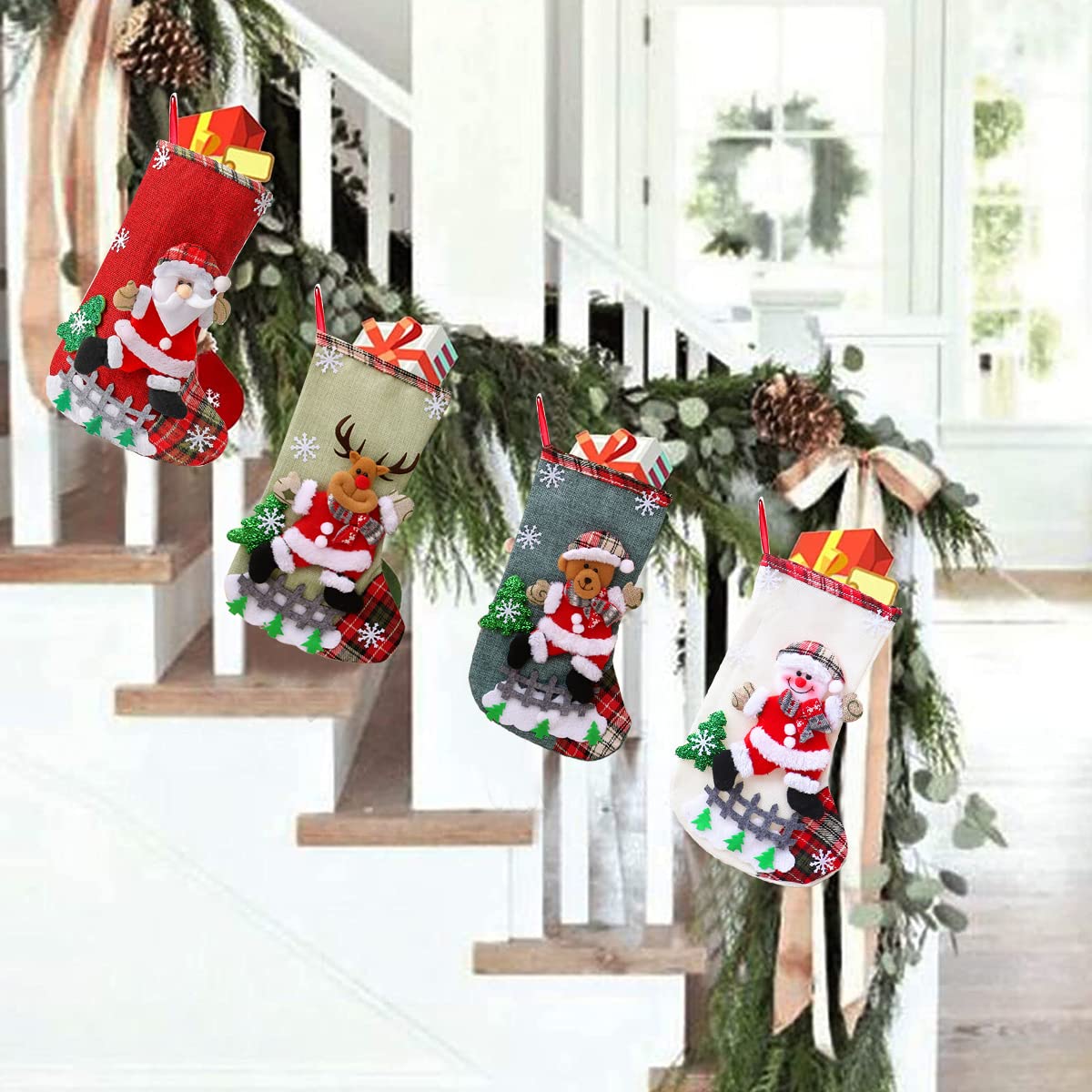 HASTHIP Set of 4 Christmas Decorations Stocking, 10 inch Linen Christmas Gift Stocking, Hanging Christmas Stockings Set Christmas Stocking Christmas Stocking for Window, Christmas Socks