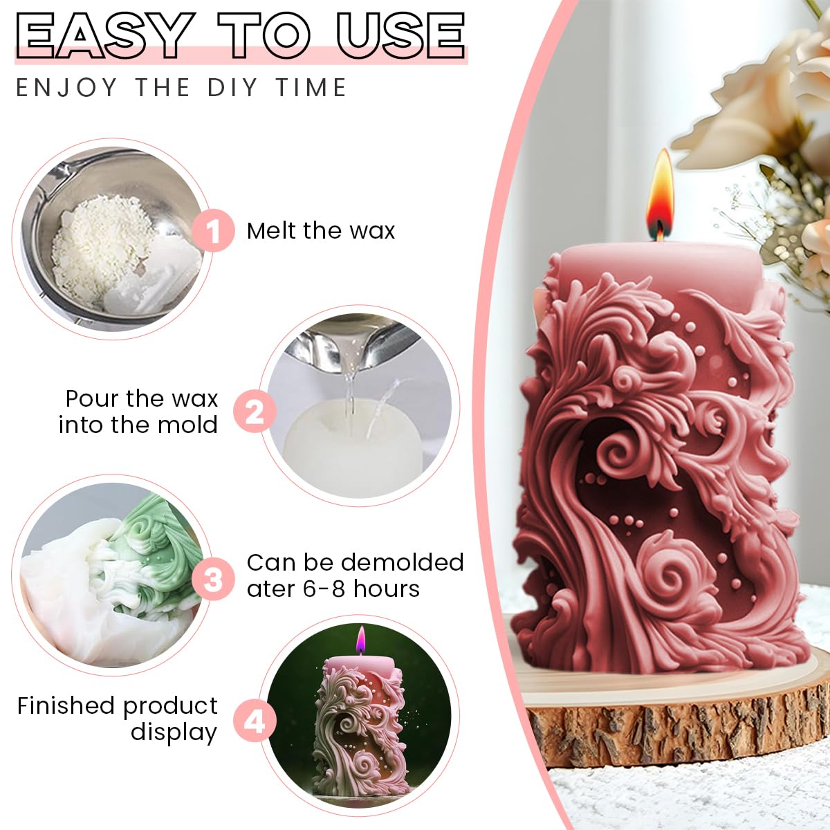 HASTHIP Cylindrical Candle Mold for DIY Candle & Resin Art with Baroque Carved Design | Flexible Silicone for Home Décor Crafts