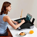HASTHIP® Laptop Top Table On Knee,Mobile On-Knee Desk with Mouse Pad,Tablet & Phone Slot Arm Wrist Rest Backside Soft Table Riser Design Writing Desk Mobile On Knee Wooden with Handle