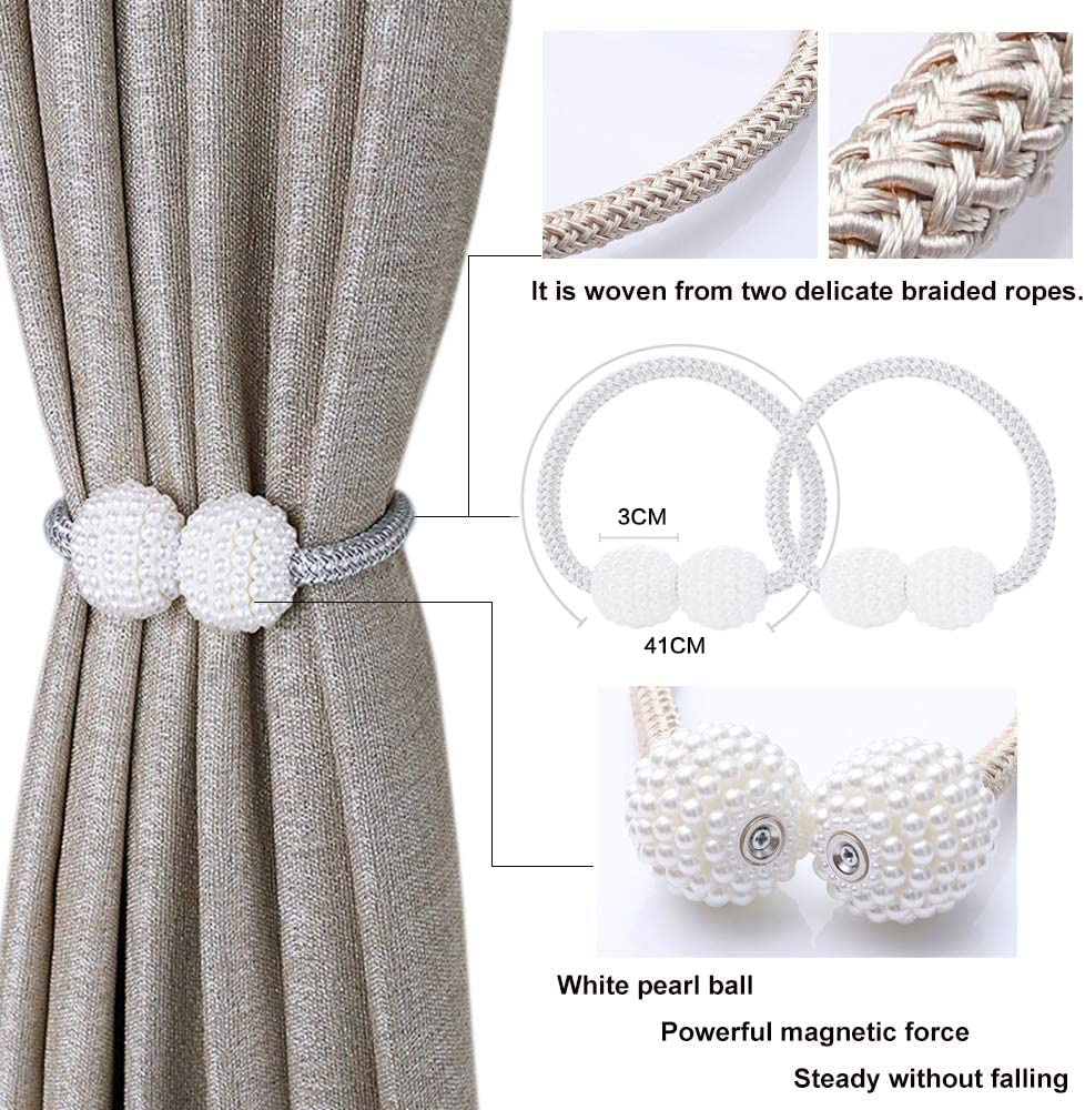 HASTHIP Magnetic Curtain Tiebacks for Bedroom featuring Strong Magnet and Pearl Design | 2PCS White