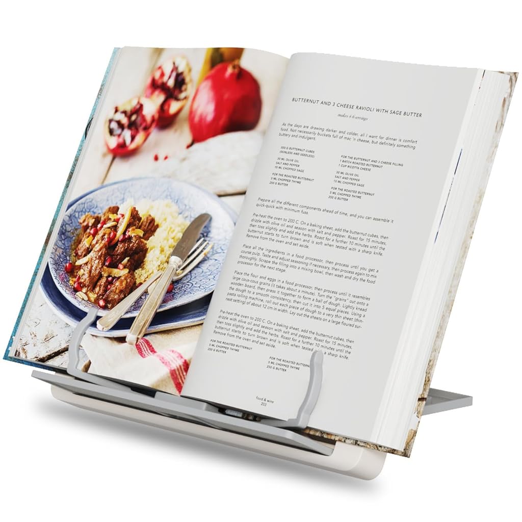 HASTHIP® Adjustable Cookbook Stand for Kitchen Counter,Recipe Book Holder with Page Clips,Foldable White Book Stand for Reading Textbook Tablet Display