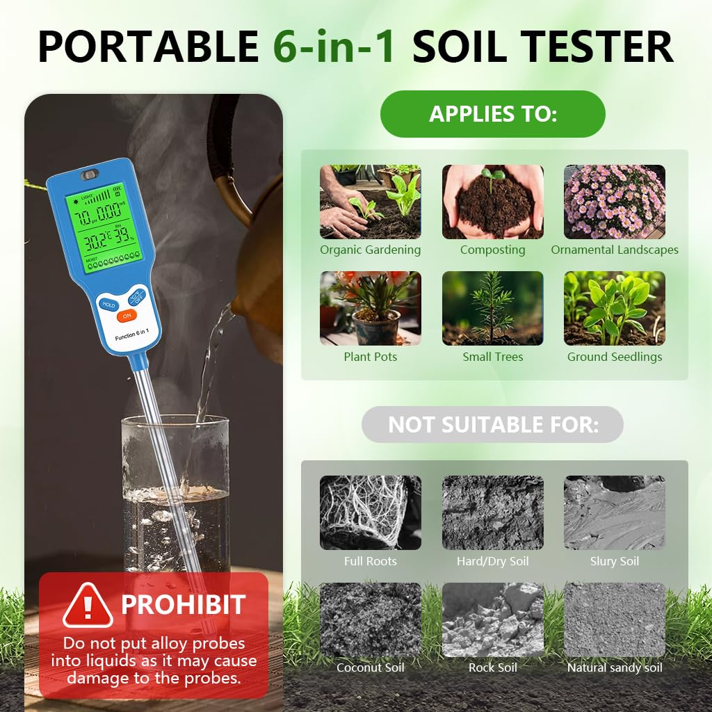 HASTHIP® 6-in-1 Digital Soil Tester with pH Meter, Moisture Sensor, Sunlight, Temperature, Humidity & Fertility Reader, Rotating Backlight LCD Display, Soil Test Kit for Gardening, Farming, Plant Care