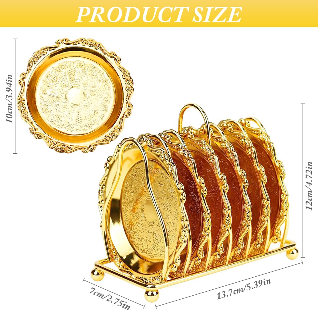 HASTHIP® Set of 6 Small Dessert Plates 3.9 inches Golden Dessert Plates with Golden Metal Stand Luxury Golden Embossing Dessert Plates for Party, Banquet, Birthday, Festivals