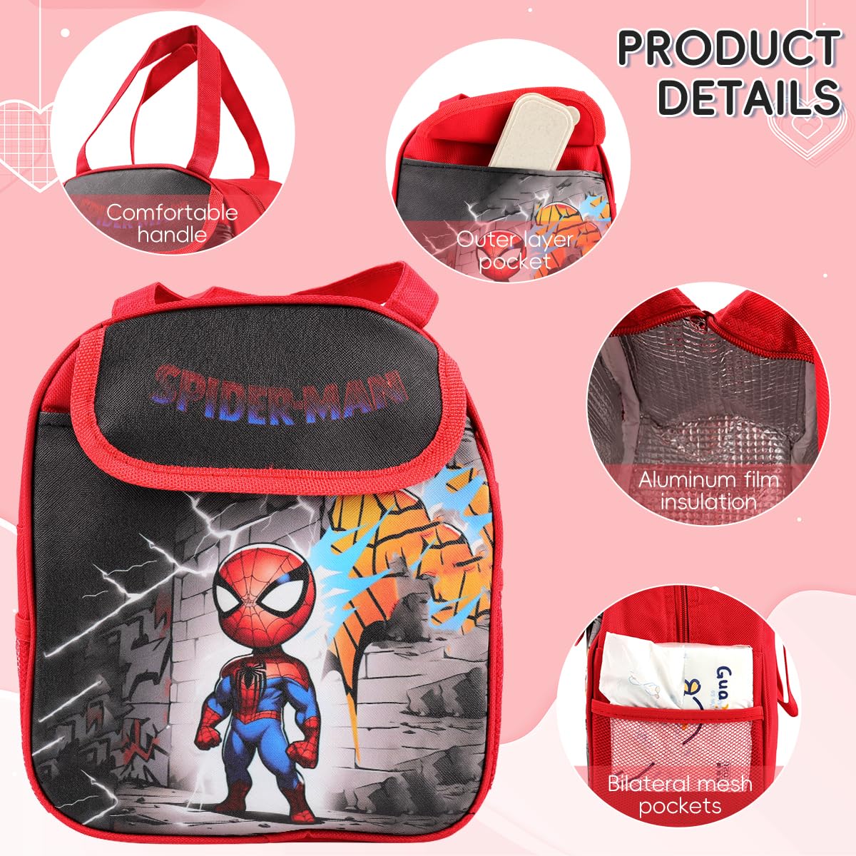 HASTHIP Kids Lunch Bag for School and Picnic featuring Insulated Lining & 23x13x23cm Size | Waterproof Nylon with Handle and Extra Pockets