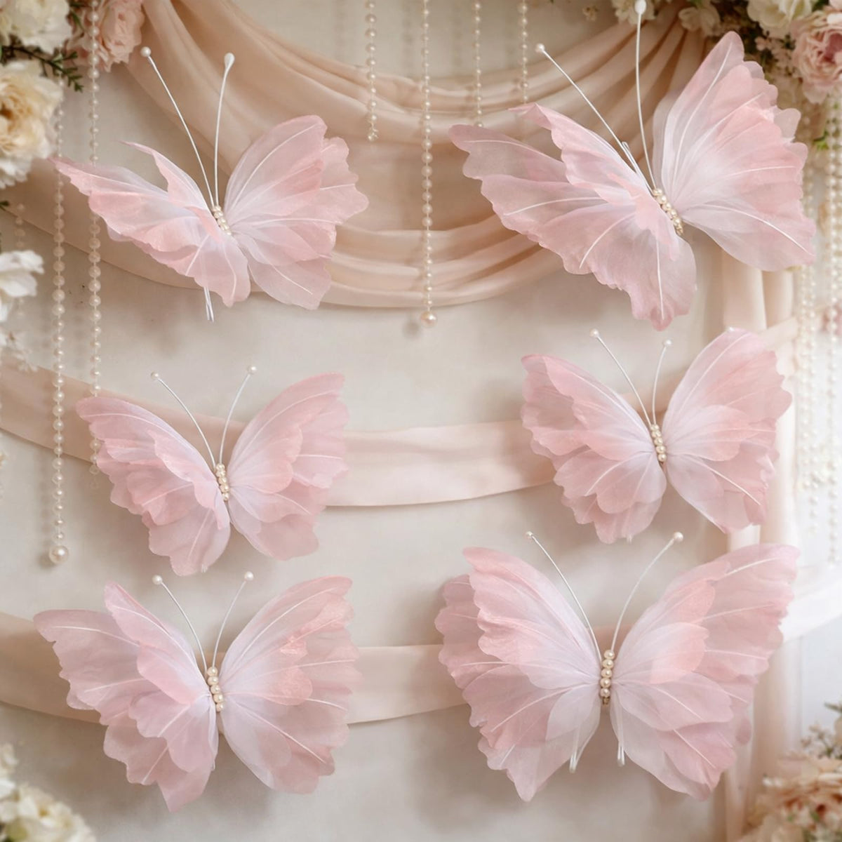 HASTHIP® 2Pcs 3D Sheer Pink Butterfly Wall Decorations, 50cm Large Hanging Butterflies with Pearl Accents for Wedding, Baby Shower, Birthday, Bridal Shower and Romantic Event Decor