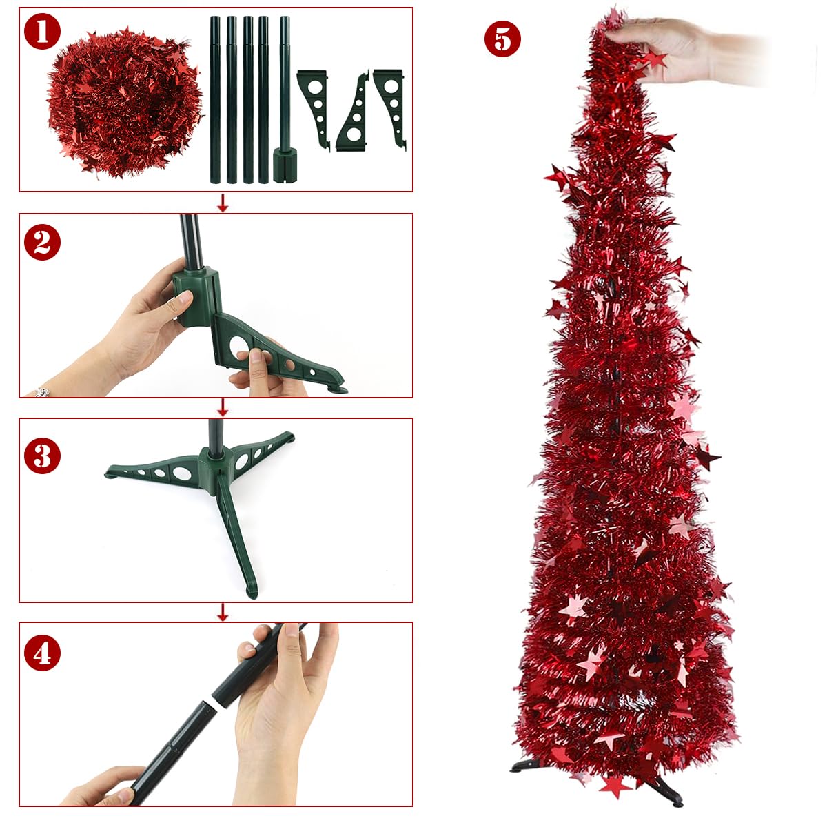 HASTHIP Christmas Tree for Holiday Decor with 1.5 m Red Tinsel Garland & Easy DIY Assembly