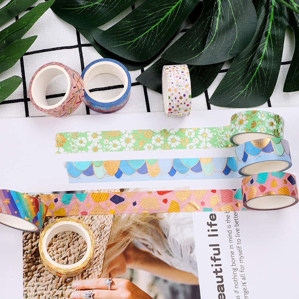 HASTHIP Decorative Masking Tape for Scrapbooking and Gift Wrapping 12 Rolls 15mm | Gold Foil Flower Washi in Yellow