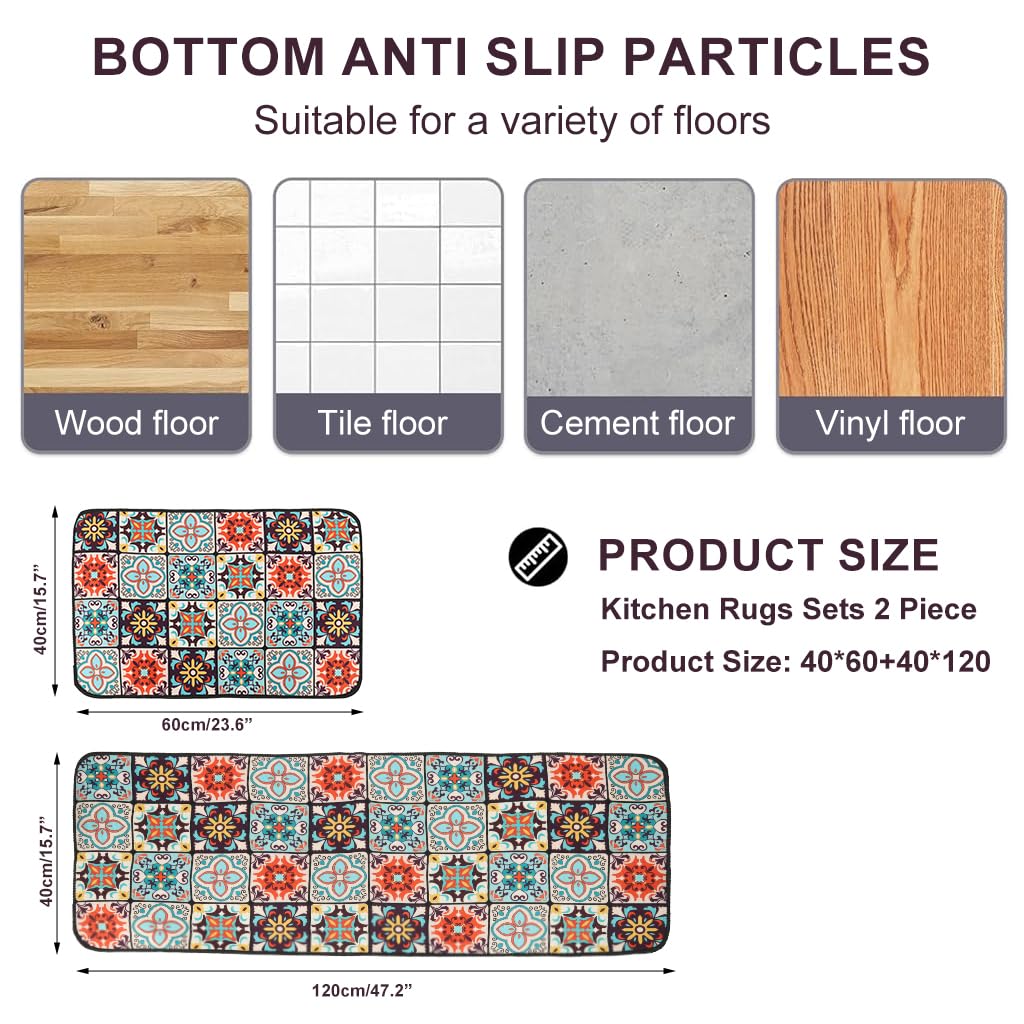 HASTHIP® 2 Pcs Kitchen Comfort Rugs Anti-Fatigue Floor Mat for Kitchen, Diatom Absorbent Standing Mat Soft & Quick-Dry, Retro Floral Mat for Kitchen, Entry, Bathroom, 120x40cm & 40x60cm