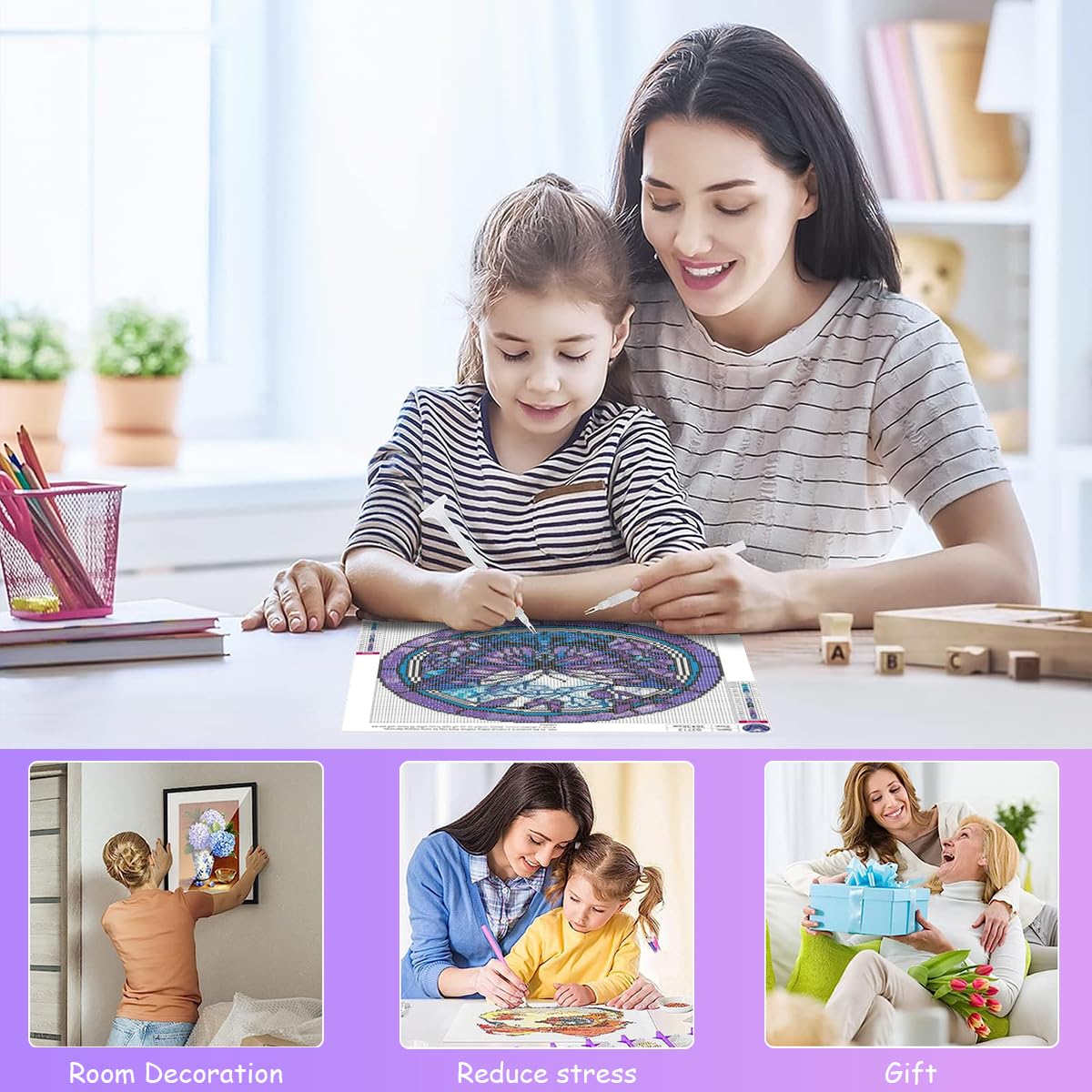 HASTHIP Butterfly 5D Diamond Painting Kit for DIY Home Wall Decor with Tools Blue Purple 14x14 in 3 pcs