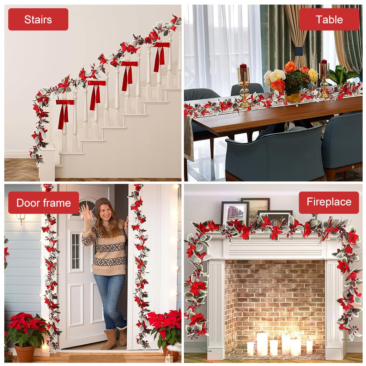 HASTHIP Christmas Garland 5.8 ft for Tree Door and Wall featuring Velvet Poinsettias & Holly | Festive Home Decor