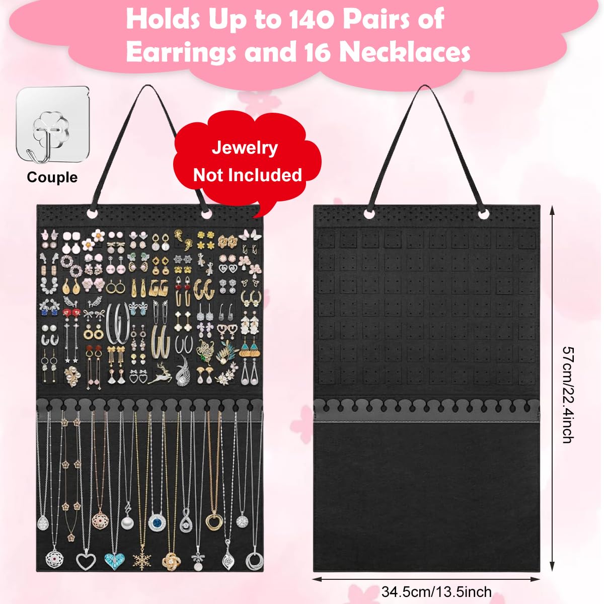 HASTHIP Hanging Jewelry Organizer for Earrings and Necklaces with 140 Holes and 16 Hooks | Felt Display Holder 57×34.5 cm