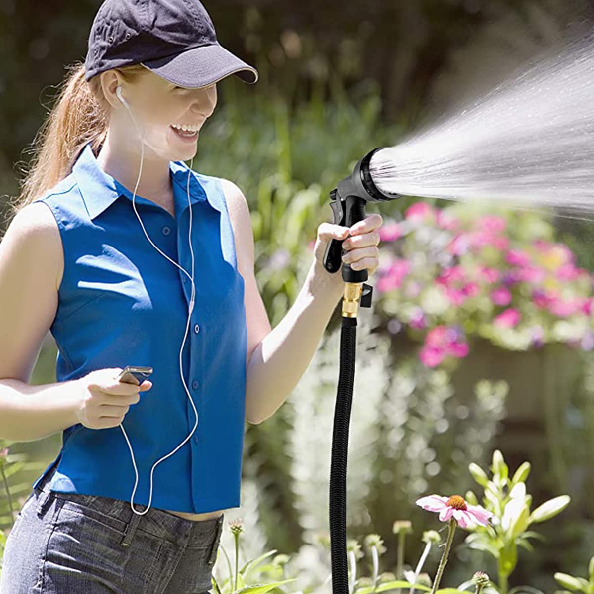 15m/50ft Garden Hose with Pure Brass Spray Nozzle, Heavy Duty Expandable Garden Hose with 8 Function Nozzle and 3/4" Fittings for Watering, Washing Cars and Clean