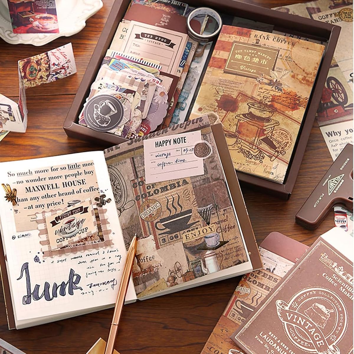 346Pcs Vintage Journal Kit, Journaling Kit Journal Stickers Journal Supplies, Scrapbook Stickers Pack for Art Journaling Bullet Junk Journal Planners, DIY Decoration Paper Craft Kits (Coffee)