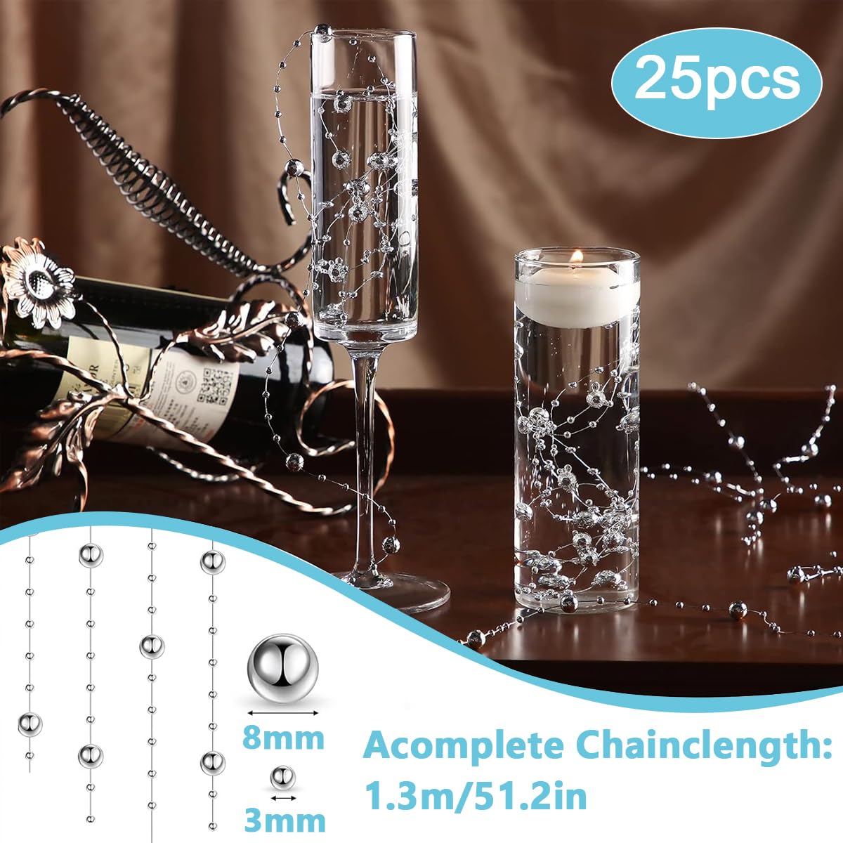 HASTHIP Pearl String for Floating Candles and Wedding Centerpieces 25pcs with 3mm and 8mm Gold Beads | Vase Filler and DIY Décor