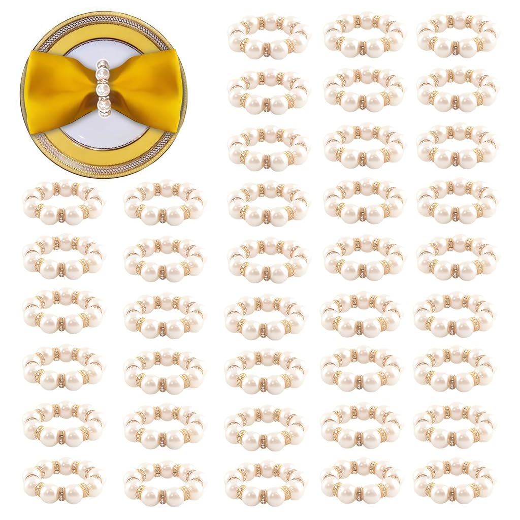 HASTHIP® 6Pcs Gold Napkin Rings Delicate White&Gold Beaded Buckles for Party Dinner Table Decor and Daily Use