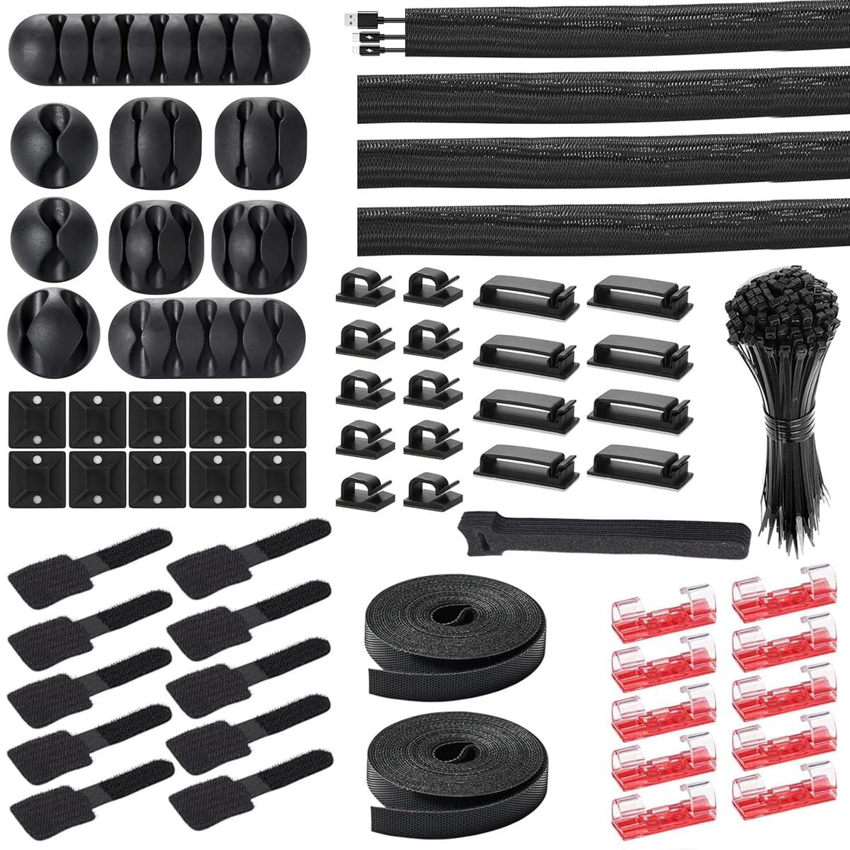 HASTHIP Cable Organizer Kit for Home and Office with 173 pcs and Self Adhesive Clips | PET Cable Sleeves and Ties