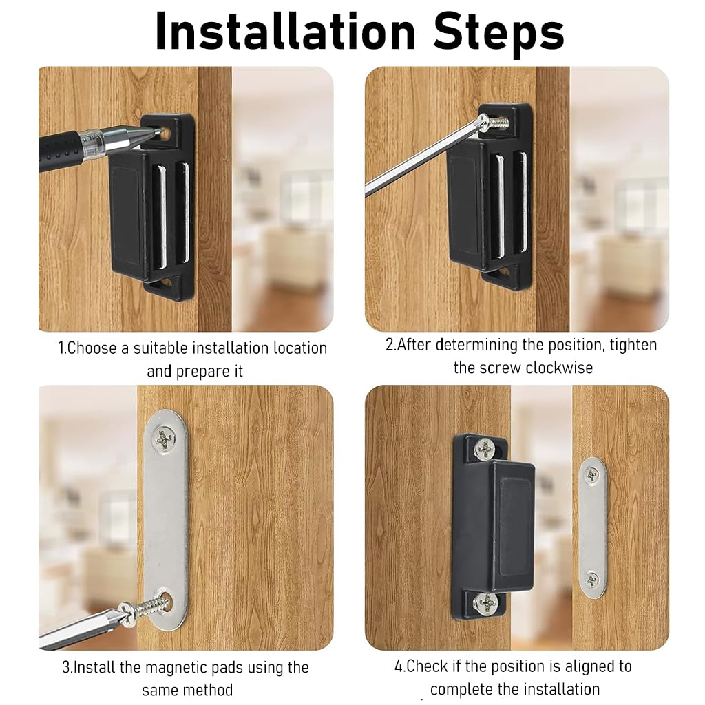 HASTHIP Magnetic Door Latch for Cabinets and Drawers featuring 12 Pack 46×15×13 mm Magnets | Plastic and Stainless Steel with Adhesive or Screw Mount