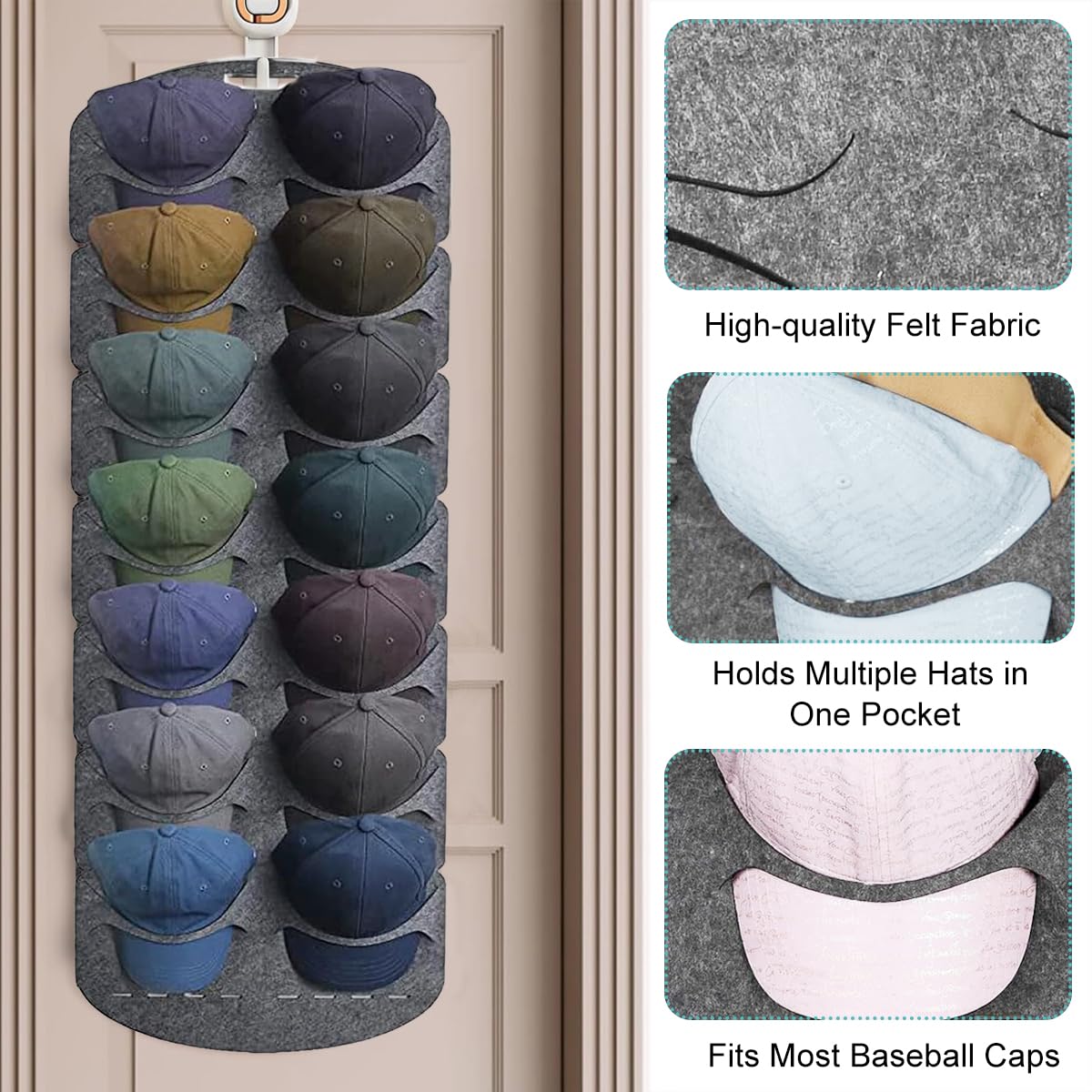 HASTHIP Hat Organizer for Baseball Caps with 14 Pocket Over Door Design | Felt Storage Holder