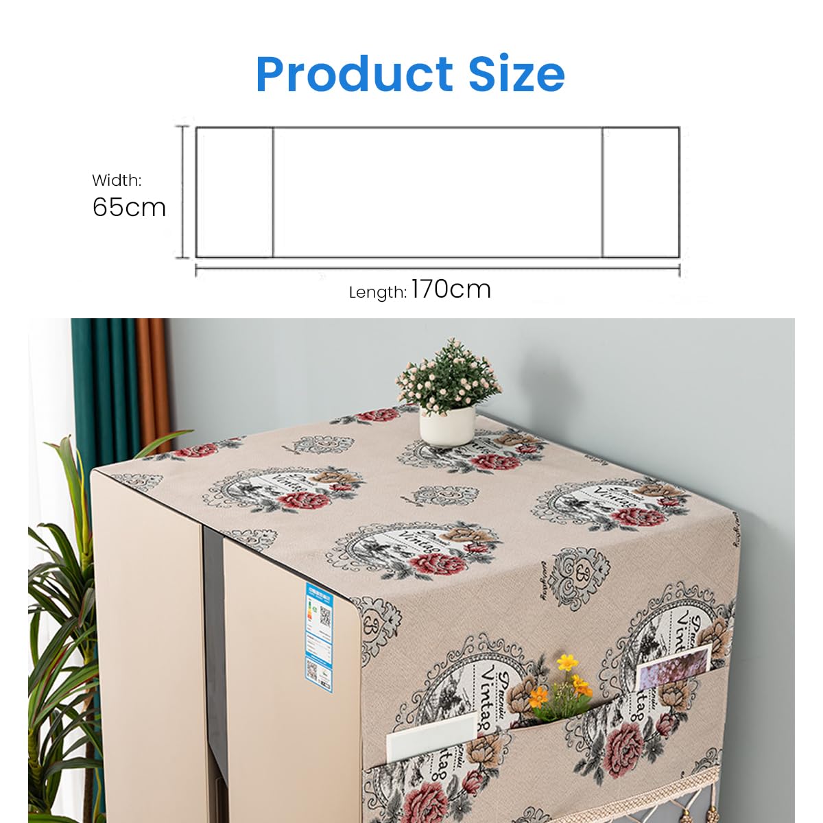 HASTHIP Refrigerator Cover for Double Door Fridge 26.3x55 in with Side Pockets and Tassel Design