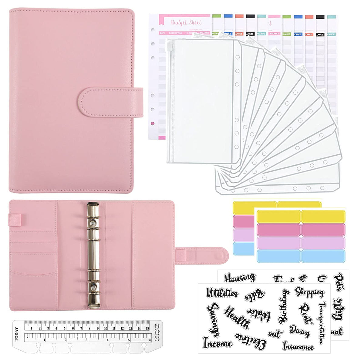 File Folder Ring Binder Notebook Set, A6 PU Leather Binder Clip with Envelopes, Budget Sheets, Label Stickers, 1 Ruler Stationery Supplies