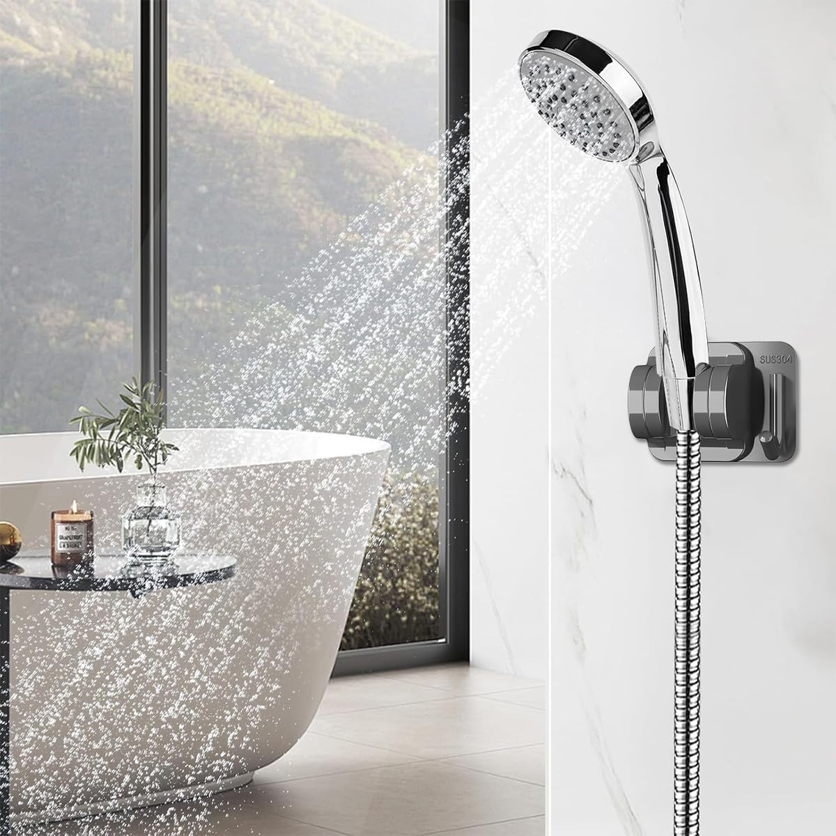 HASTHIP Shower Head Holder for Bathroom with Built in Hook and Strong Adhesive | Stainless Steel Adjustable No Drill Bracket
