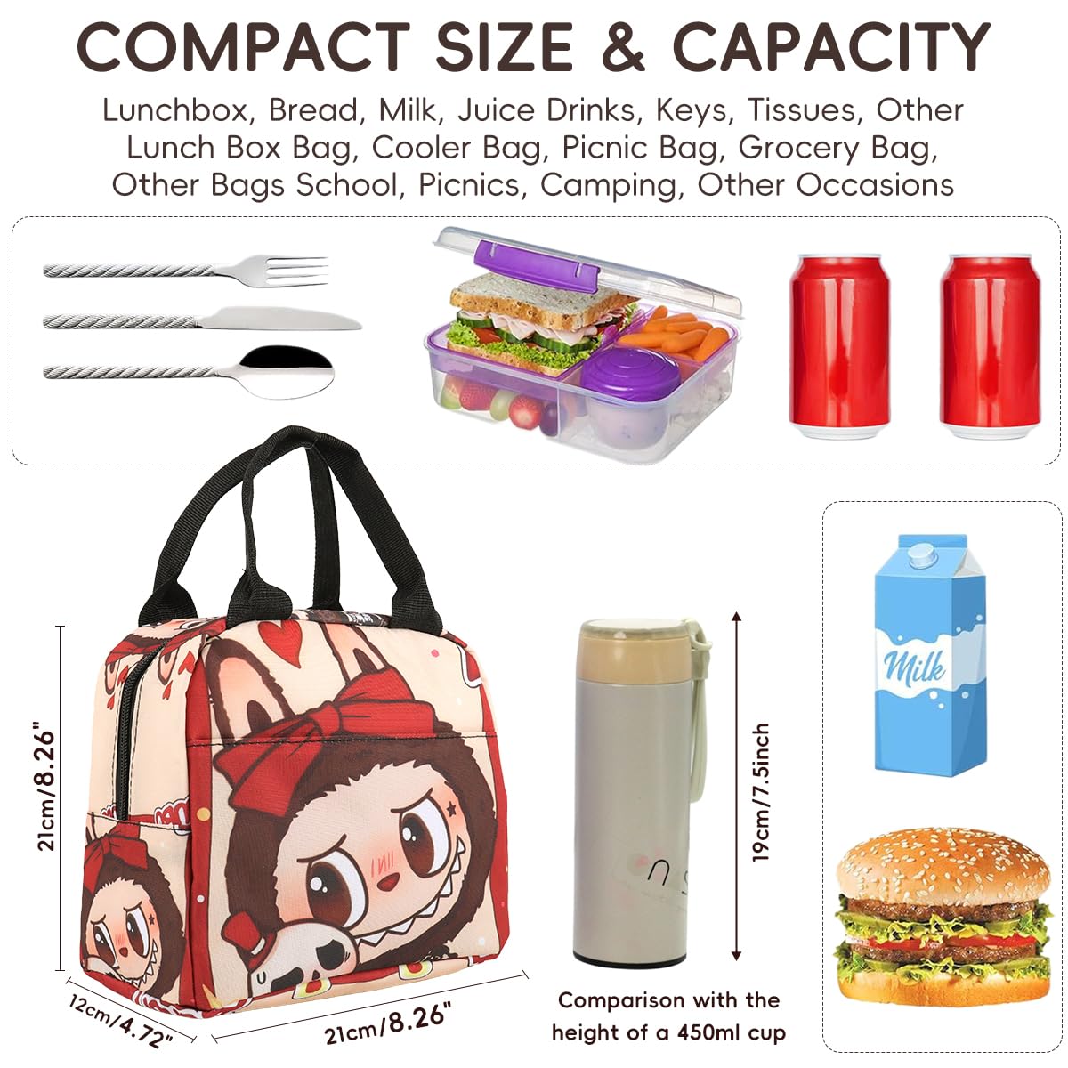 HASTHIP Lunch Bag for School and Office with Insulated Liner and Zipper | 23x13x20cm Portable Picnic Pouch