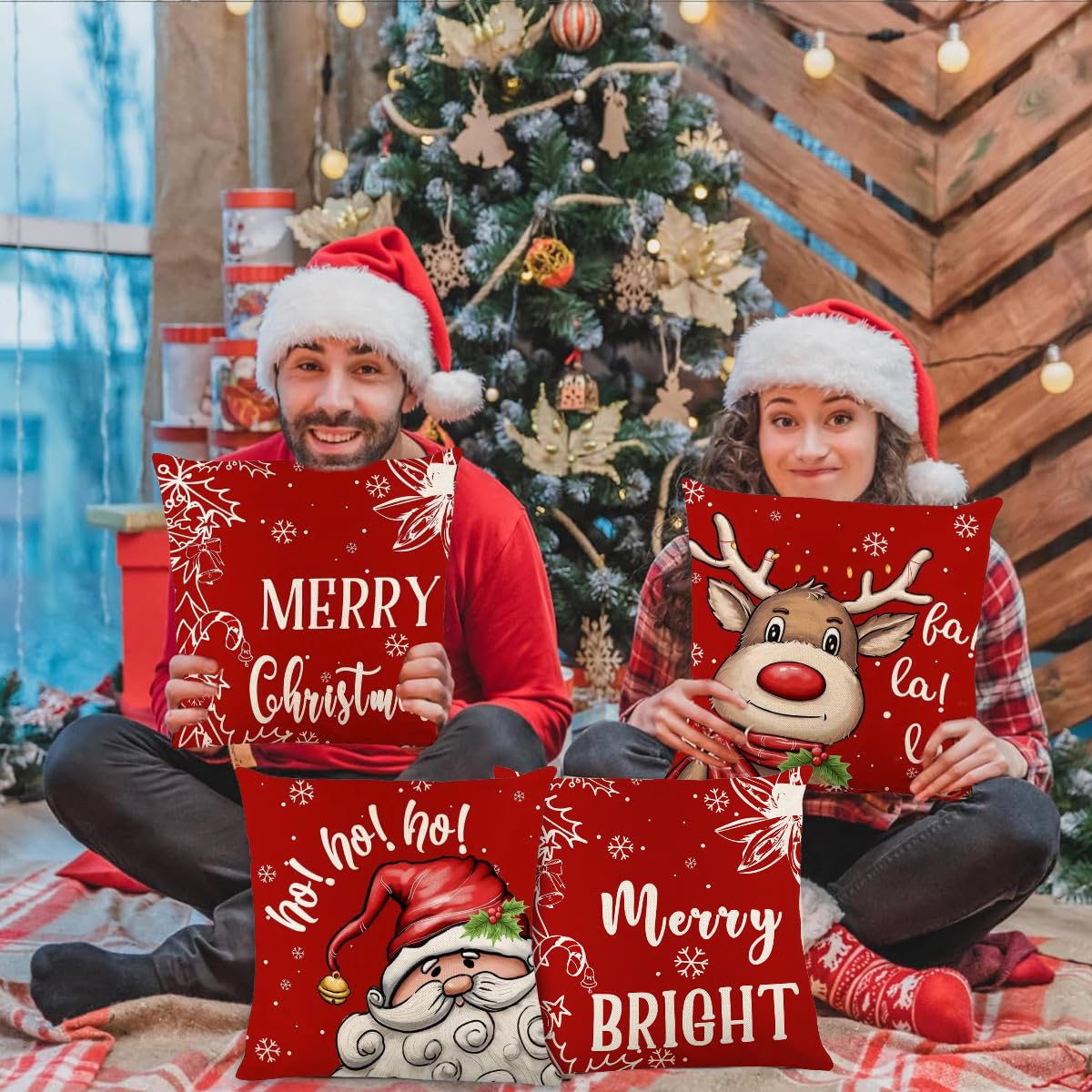 HASTHIP Christmas Cushion Covers for Sofa featuring Hidden Zippers 16x16 in Linen Set of 4