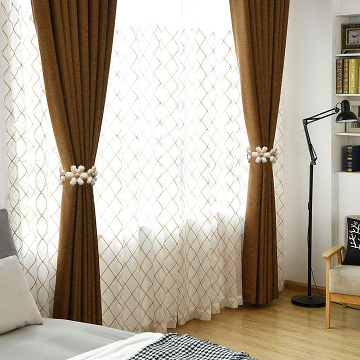 HASTHIP Curtain Tiebacks for Drapes with Pearl Flower Design and Elastic Cord | 2 Pack