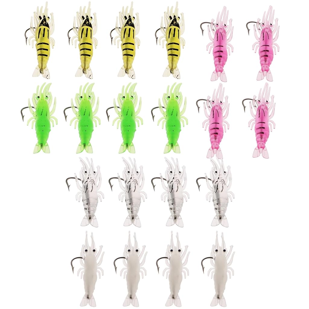 HASTHIP® WORMS RUMBLE 20 Pcs Shrimp Lures Soft Baits, 3.5cm Luminous Prawn Fishing Lure Set with Hooks, Multi-Color Artificial Scented Baits for Trout, Bass, Salmon, Freshwater Saltwater Fishing