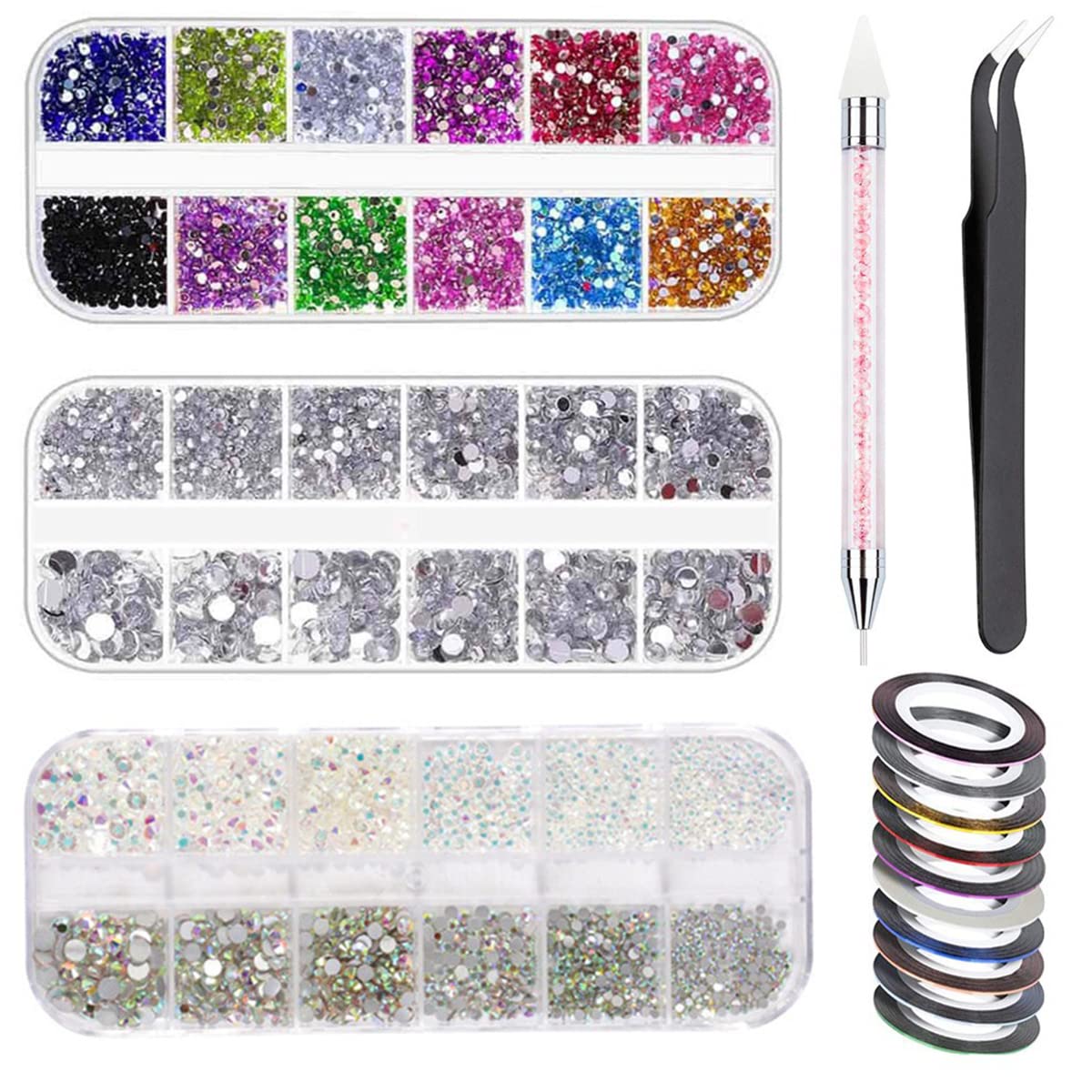 HASTHIP® Kit de Arte de Uñas con Diamantes Imitación Multicolor,Herramientas Diseño Uñas con Pinceles,Pinzas y Lápiz Pickup Decoración Brillante para Manicura DIY Acrílica y Gel