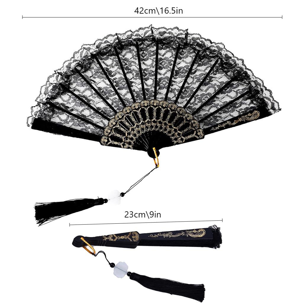 HASTHIP Chinese Hand Fan for Parties and Weddings with Bamboo Frame and Black Lace | 2PCS Set
