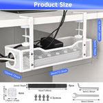 HASTHIP® No Drill Under Desk Cable Management Tray, Adjustable Metal Wire Organizer Rack with Clamp for Cord, Power Strip & Network Cable Storage, Office Or Home Use, 13x4.7x3.1 inches (White)