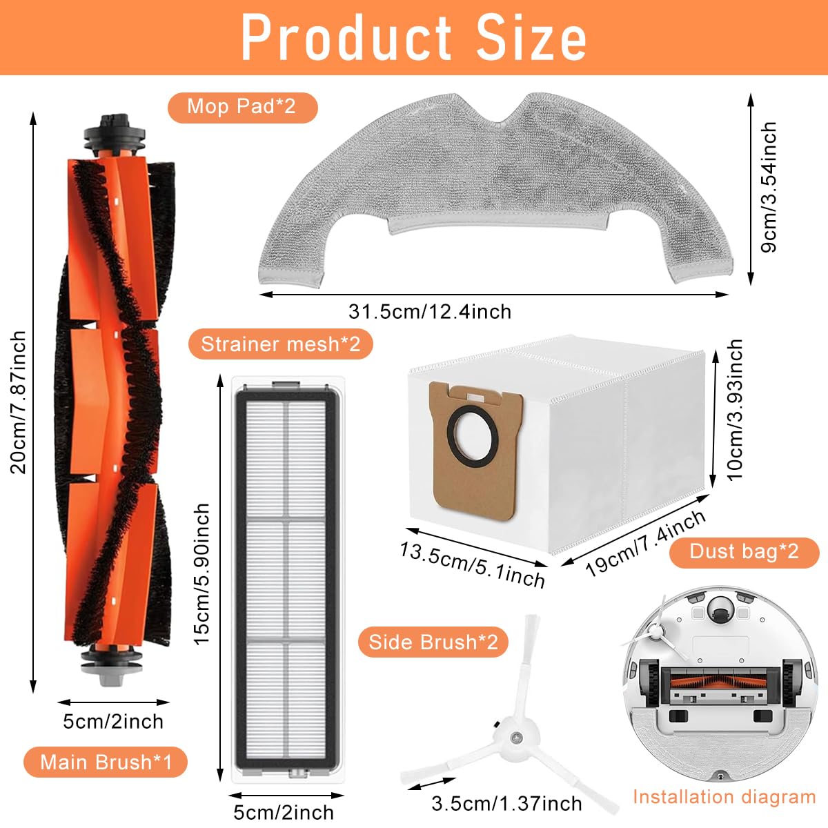 HASTHIP® 9Pcs Replenishment Kit, Replacement Parts Compatible with Mi Robot Vacuum X10, Replacement Accessories - 1 Main Brush, 2 Side Brushes, 2 Mop Cloth, 2 Dust Collection Bags, 2 Filters.