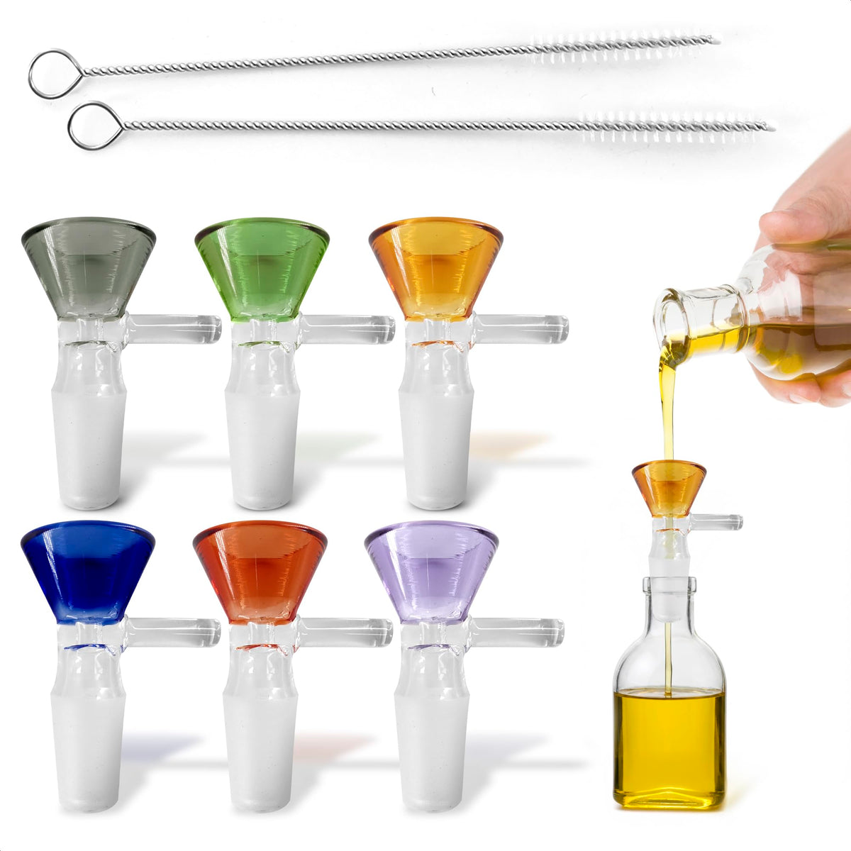 HASTHIP® Glass Funnels with Handle Colored Tops Thick Spill Resistant Glass for Liquids Oils Kitchen DIY Use