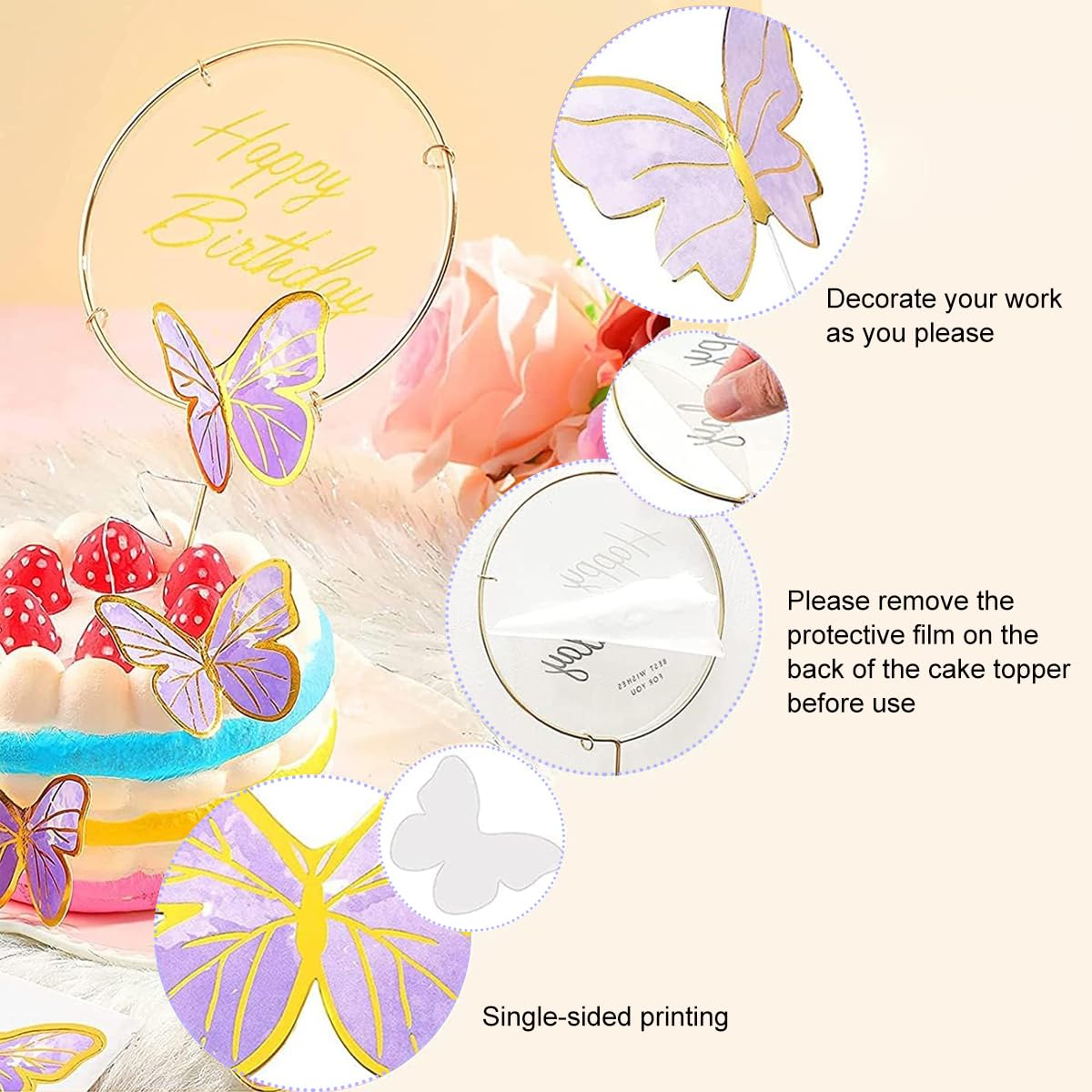HASTHIP Butterfly Cake Toppers for Birthday Decoration with 60PCS Set and Dual Pink Purple Design | Includes 1 Acrylic and 1 Iron Happy Birthday Topper
