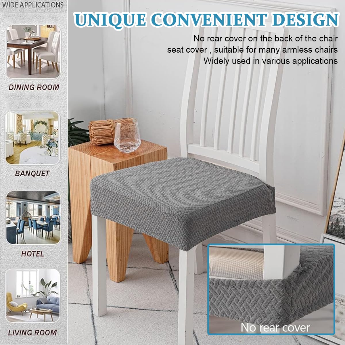 4Pcs Dining Chair Cushioned Seat Chair Cover Elegant Jacquard Grey Cover Stretchy Dacron Seat Cover for Cushioned Seat Chair, Cushioned Dinning Chair