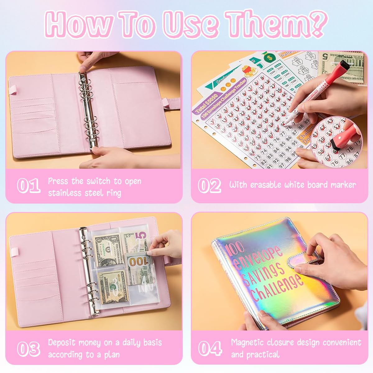 HASTHIP Money Saving Challenge Binder with 100 Envelopes for $5050 Savings | Reusable Planner
