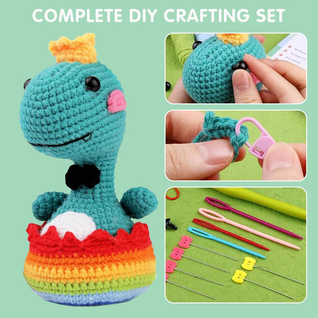 Crochet Stuffed Animal Kit Crochet Kit for Beginners Knitting Kit Full Set Crochet Starter Kit with Yarn, Polyester Fiber, Crochet Hooks, Tutorial Video, DIY Gift Friends (Rainbow Dinosaur)