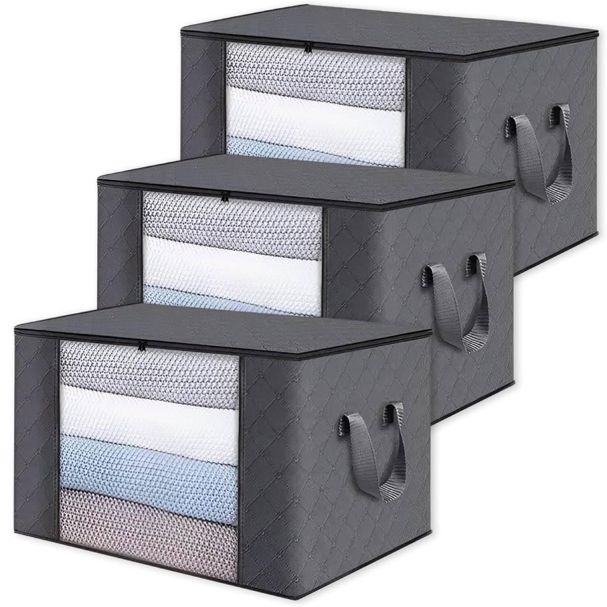 HASTHIP Clothes Storage Bins for Closet Organization with Reinforced Handle and Clear Window | 3 Pack 60L Foldable Non Woven Fabric Containers