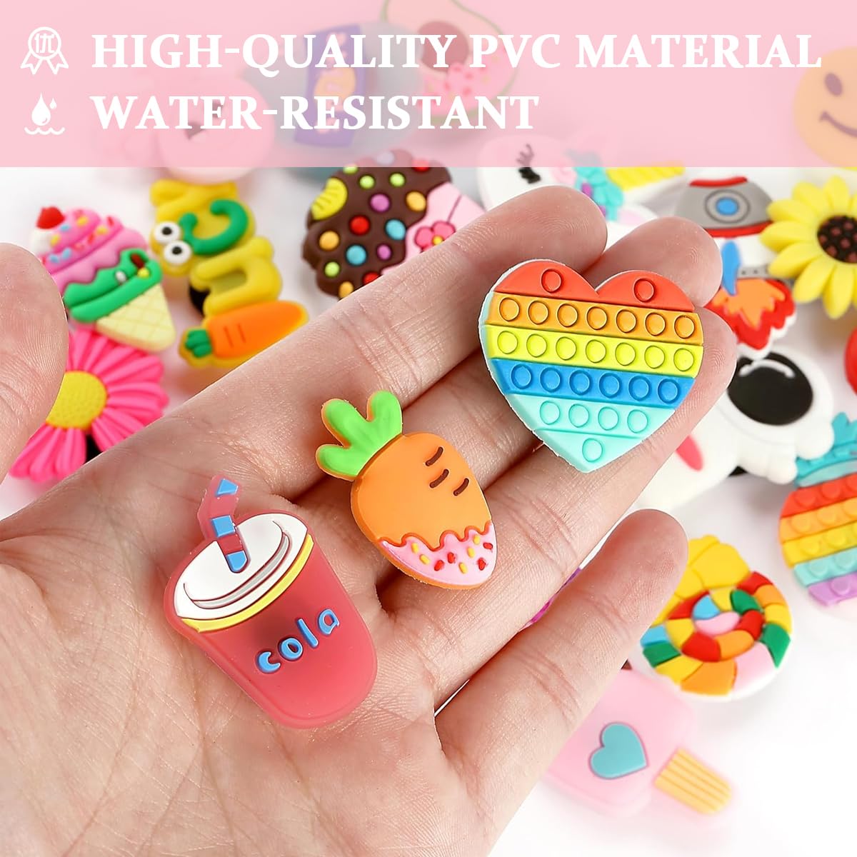 HASTHIP Shoe Decoration Charms Combo for Clogs with Secure Snap Attachment | 65Pcs Pink Rubber Set for Teens and Adults