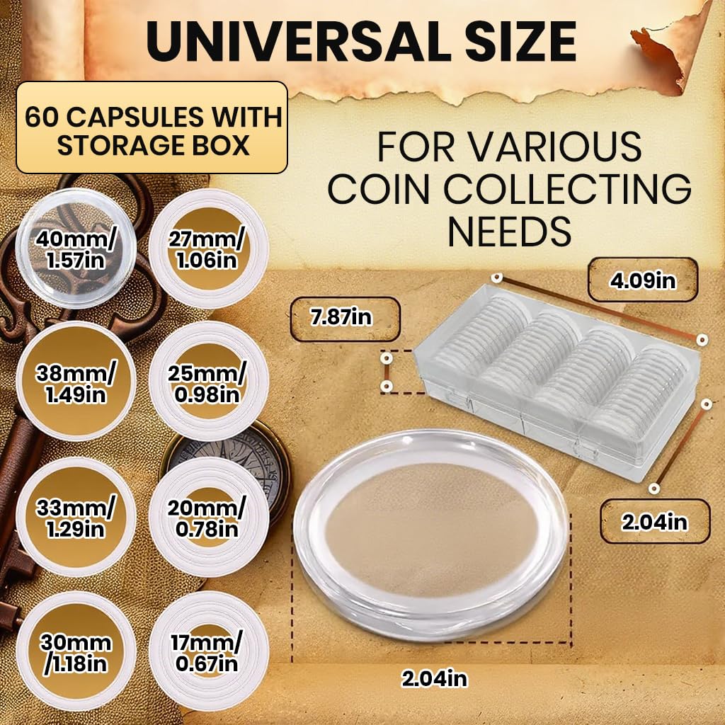 HASTHIP® 60 Pcs Coin Box with 5 Sizes Protective Gasket, Clear Plastic Coin Capsule Holder for 17-40mm Coins, Tokens, Medals, Collecting Storage Organizer