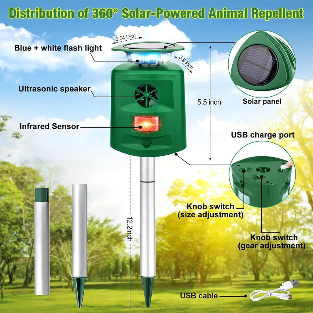 HASTHIP Outdoor Ultrasonic Pest Repeller for Garden and Patio with Solar Power and Infrared Sensor