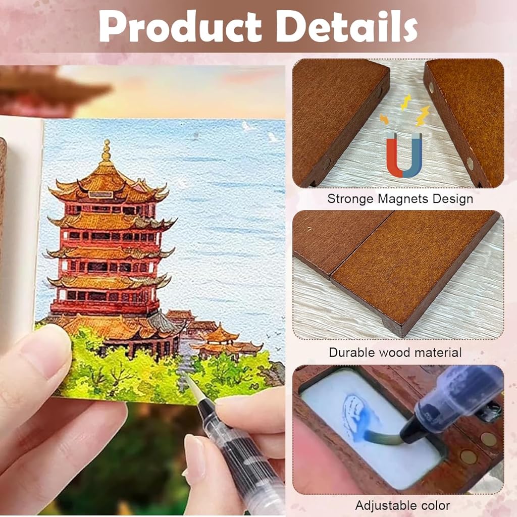 HASTHIP® Pocket Watercolor Acrylic Painting Book 12-Color Acrylic Paints Set with 2.36 inches Mini Acrylic 8-Grid Palette & Brush Pen Travel Sketching Painting Kit Christmas Gift for Kids