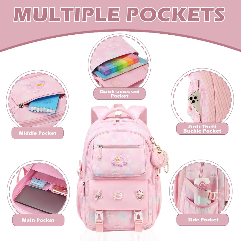 HASTHIP® Girls School Backpack 15.6 Inch, Cute Pink Waterproof Cartoon Bookbag, Oxford Cloth Multi-Compartment Travel Backpack, Birthday Christmas Gift for Schoolgirls