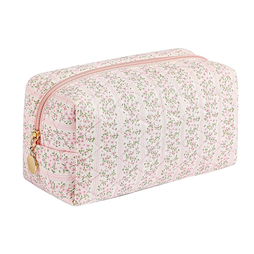 HASTHIP® Neceser de Maquillaje con Estampado Floral, Bolsa Cosmética de Viaje Grande y Suave con Cremallera, Organizador Portátil para Mujer, Tela Resistente Rosa 20.5x9x9.5cm