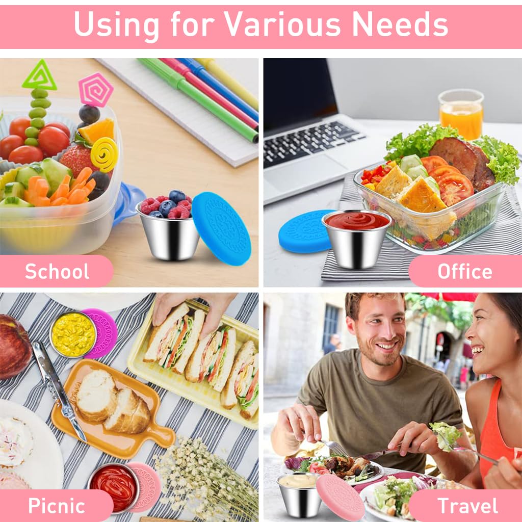 HASTHIP Salad Dressing Containers for Lunch and Travel with Leakproof Silicone Lids 40ml and 70ml Stainless Steel Cups | Pink and Blue Set